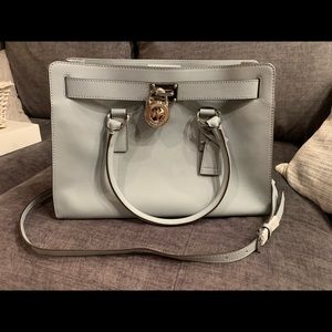Gray/blue Michael Kors Hamilton bag with silver hardware